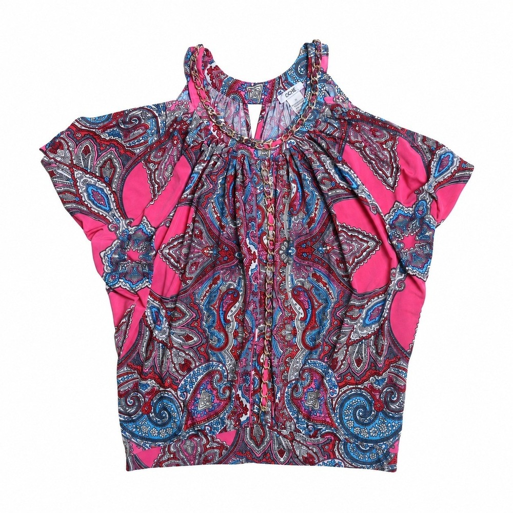 Vintage Cache Paisley Top S Pink Blue Gold Chain Cold Shoulder Tunic Y2K Stretch